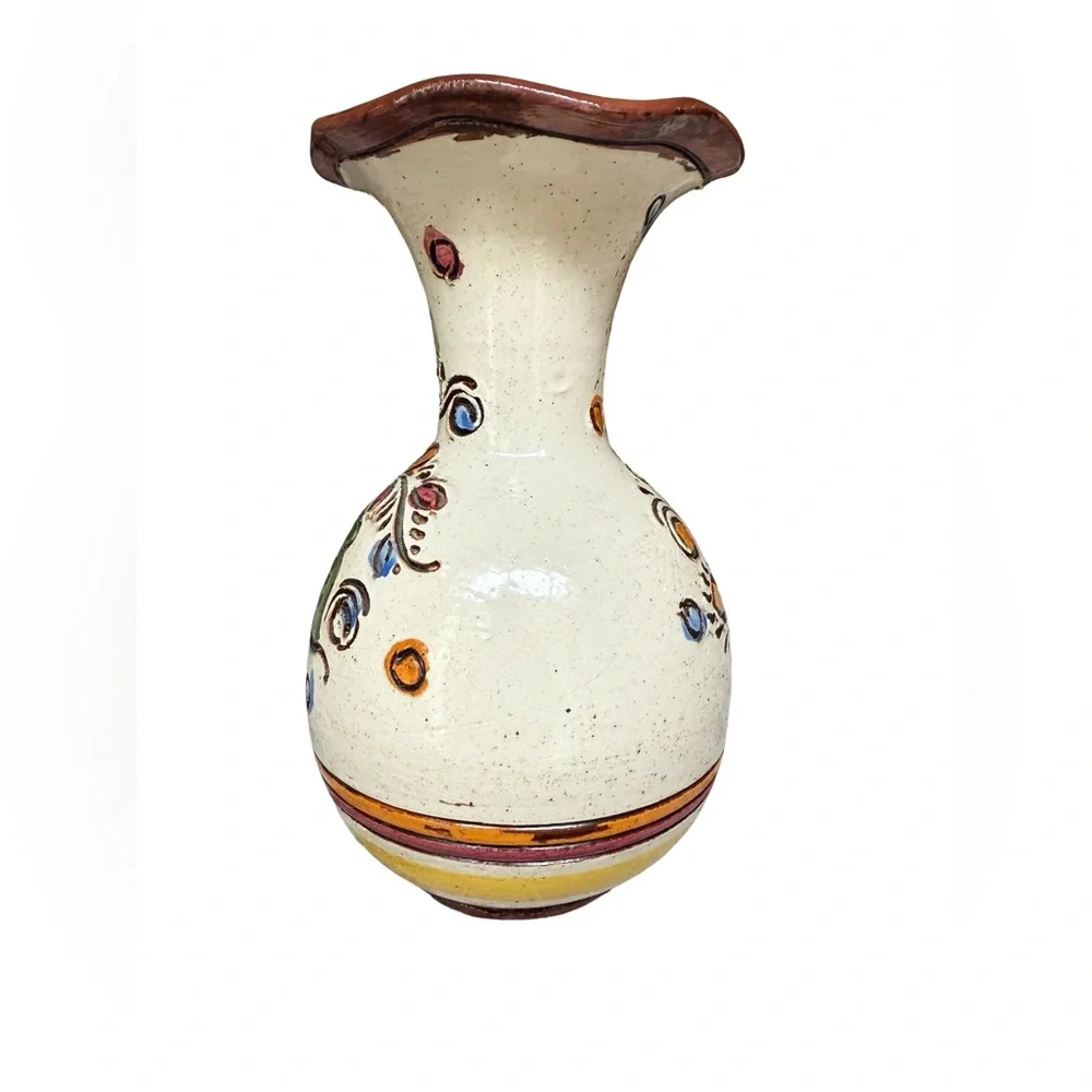 Vintage Hand Painted Italian Pottery 8” Vase with Floral Design